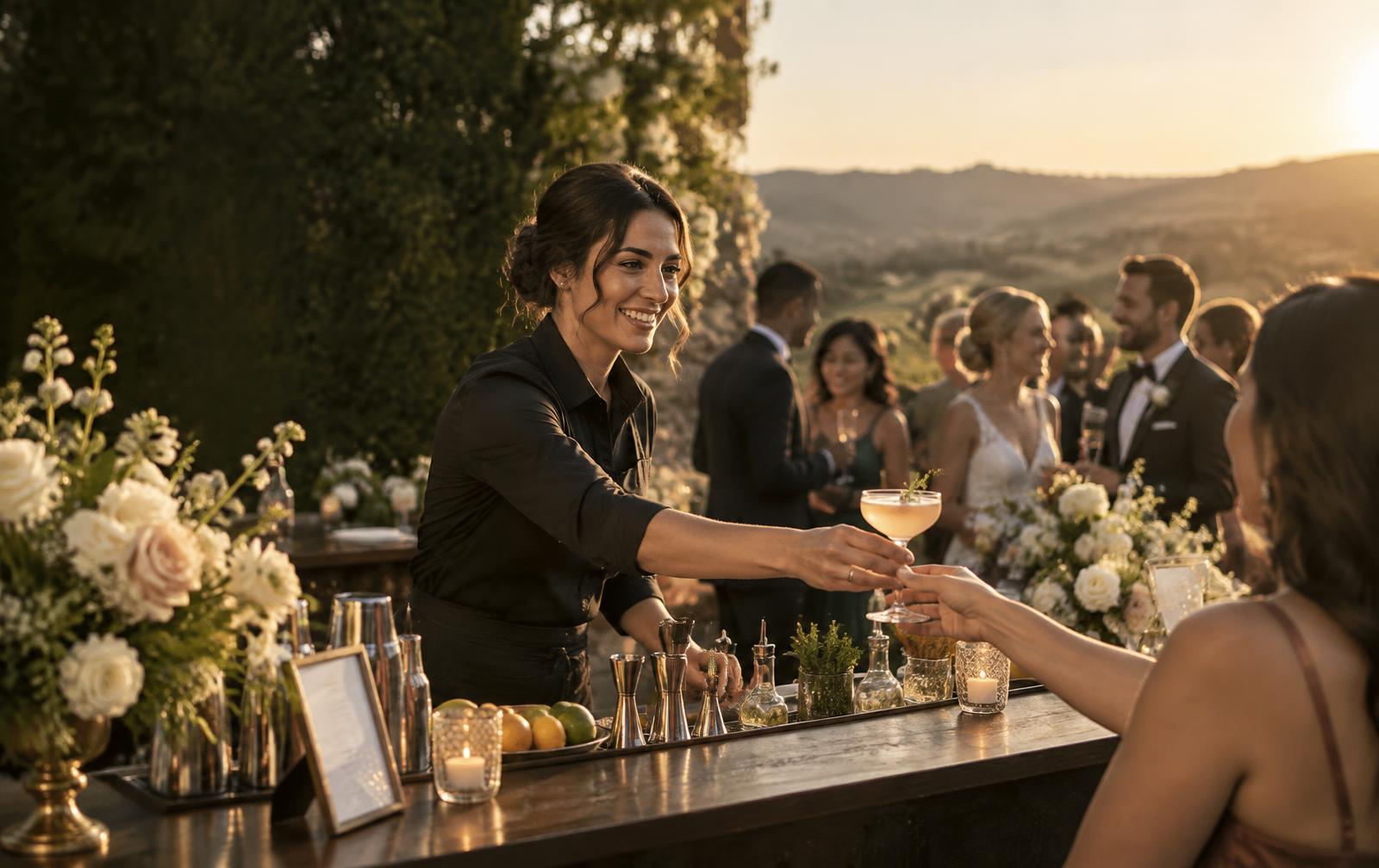 Professional Salud & Sips bartender serving a cocktail at an elegant Northern California wedding